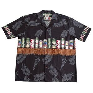 Vtg Ho Aloha Beer Cans Hawaiian Shirt Mens XL Hula Girl Tiki Island Casual